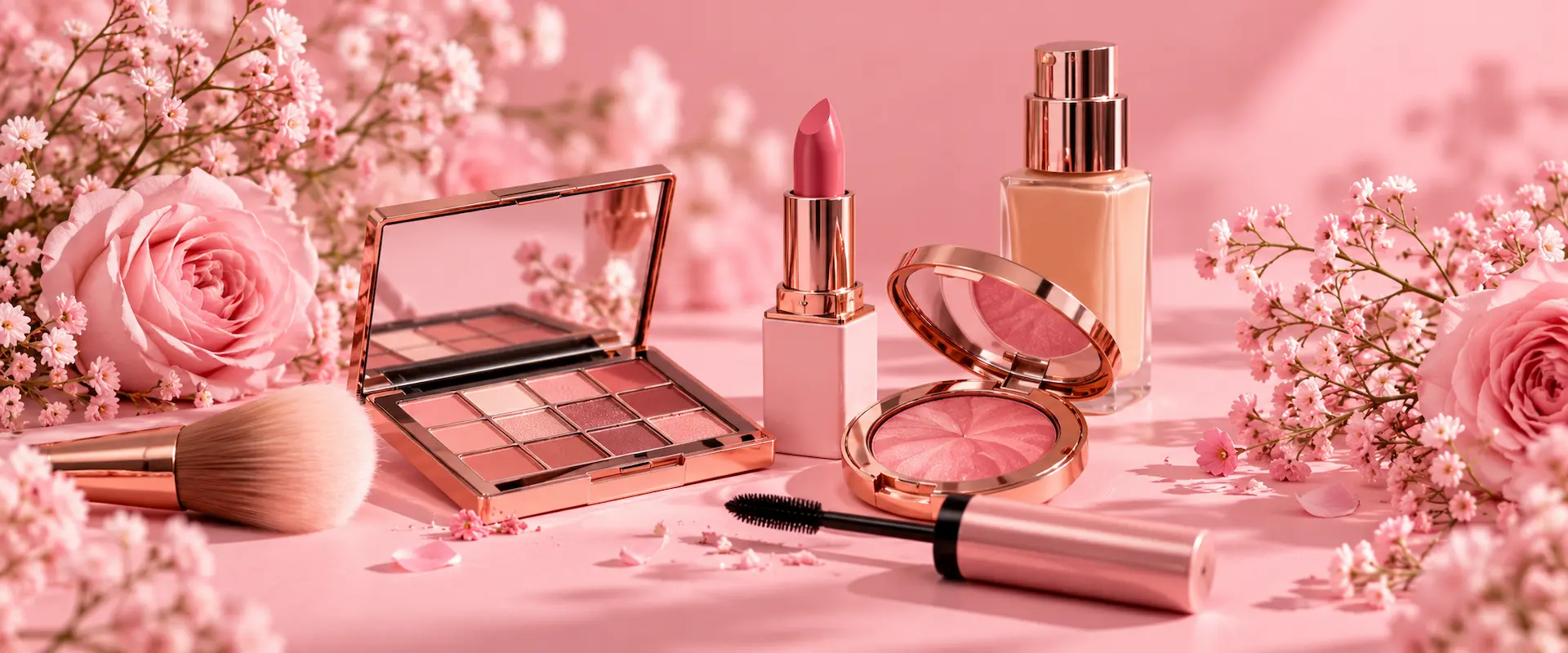 Paleta de sombras, labial, rubor y base entre flores rosadas