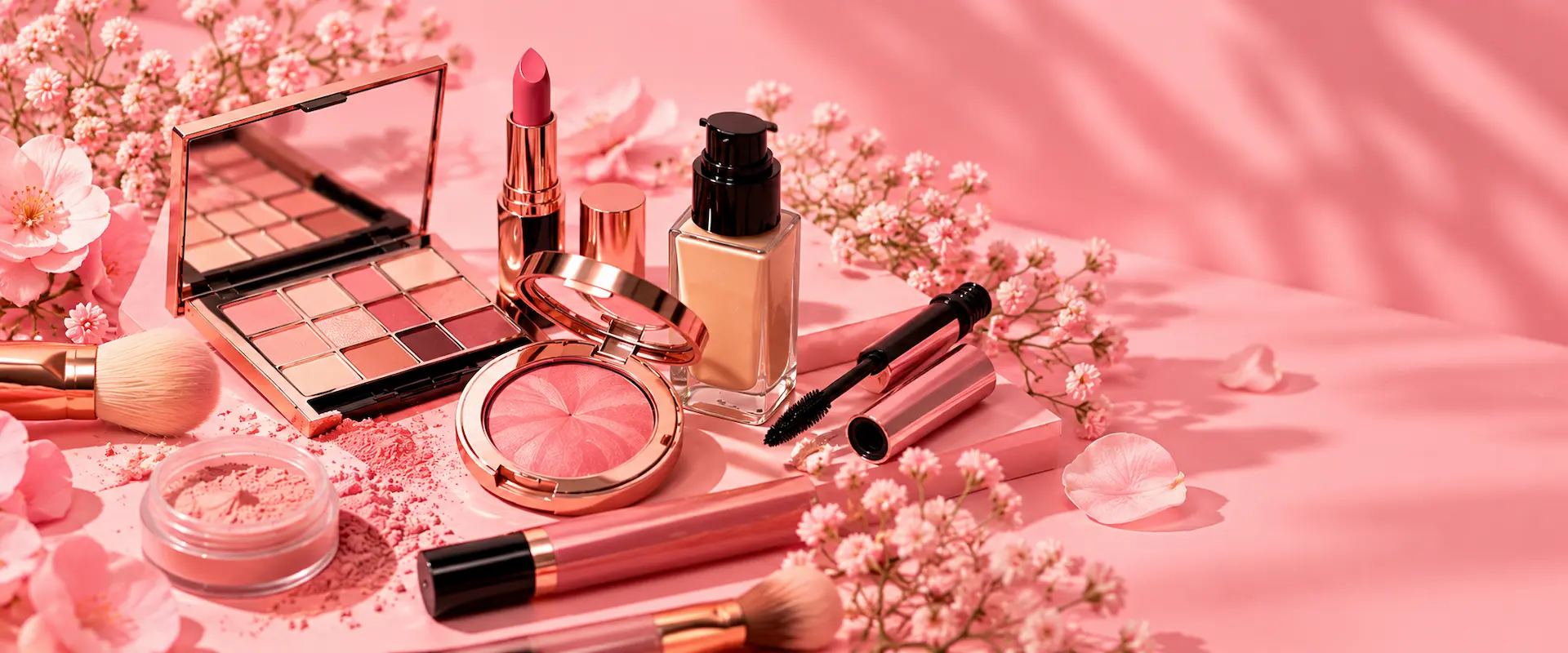 Set de maquillaje con paleta, rubor, base y brochas